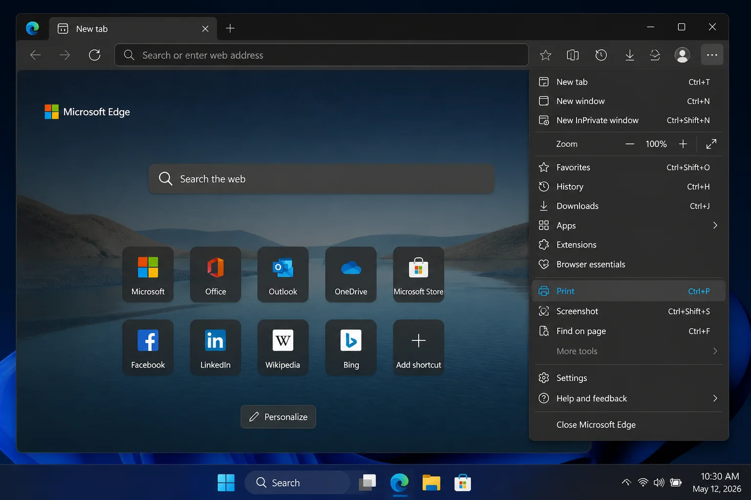 Edge Settings and more menu with the Print command highlighted