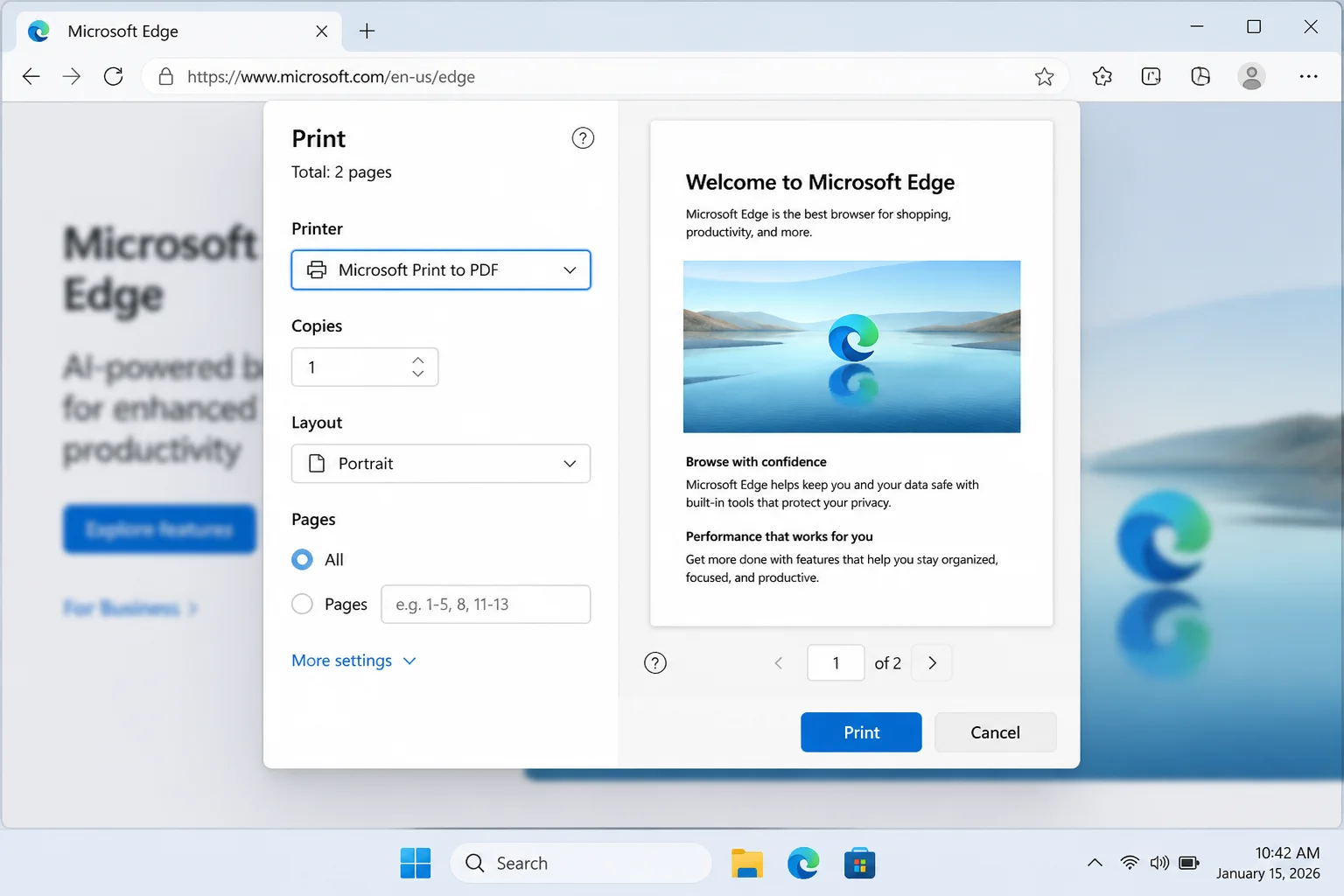 Edge print panel with the Printer selector and Print button highlighted