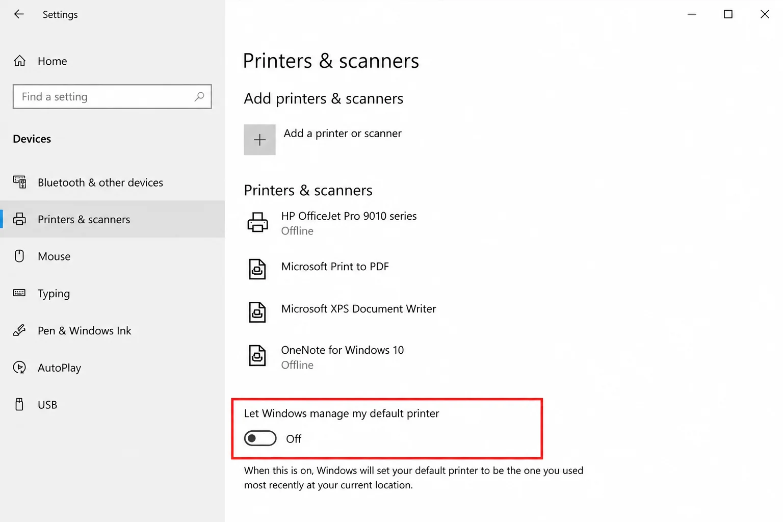 Printers and scanners page showing Printer preferences with Let Windows manage my default printer highlighted