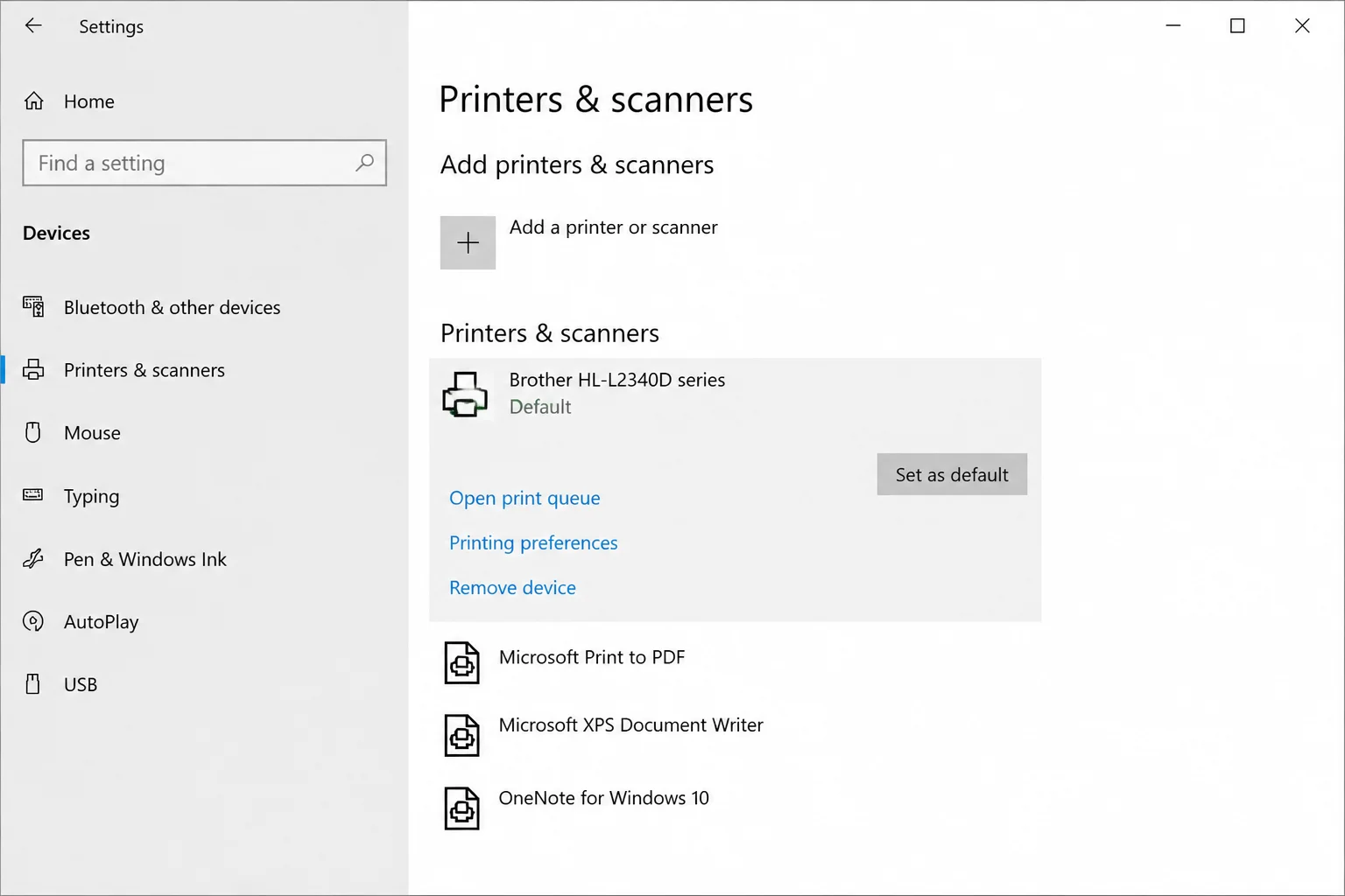 Preferred printer settings page with Set as default and Default status highlighted