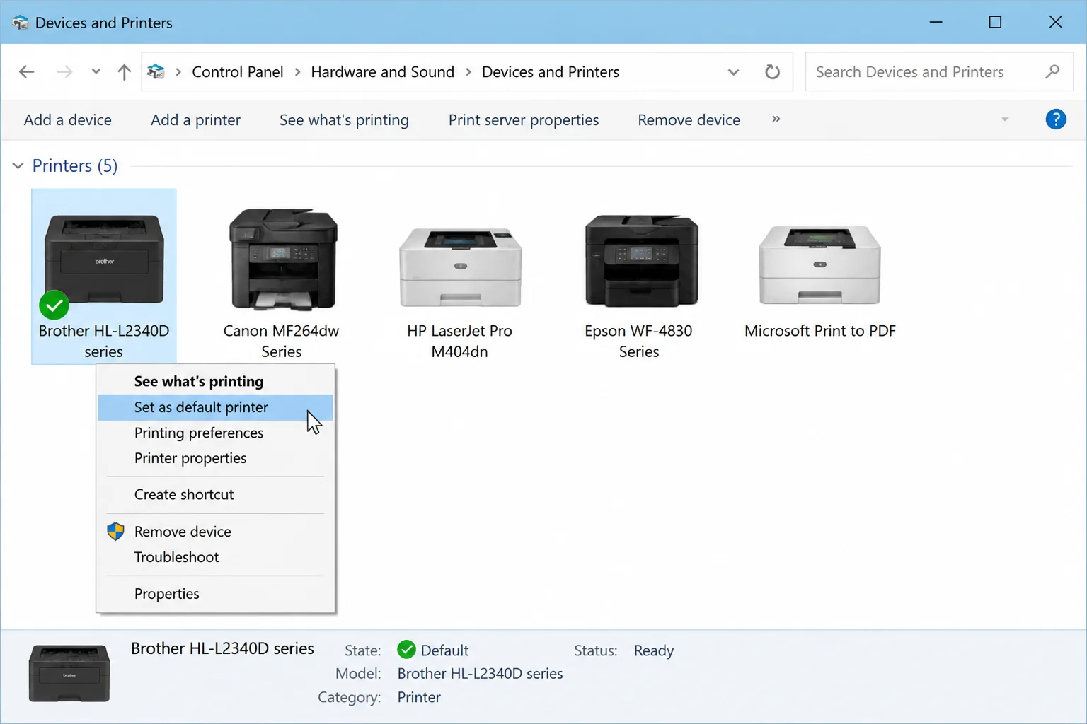 Control Panel Devices and Printers showing the preferred printer and default-printer check mark