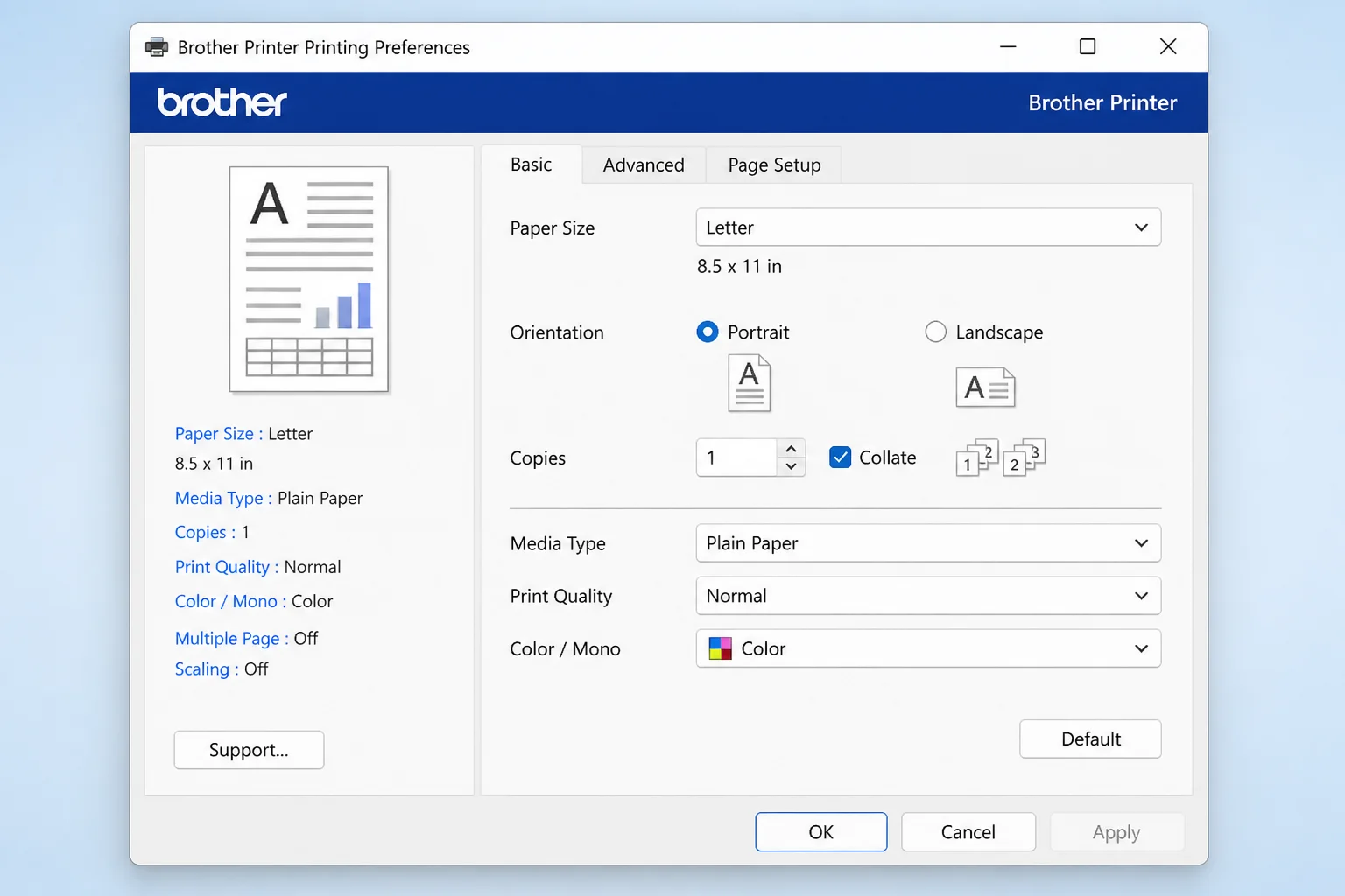 Printer-specific Printing preferences window showing orientation or paper-size controls and Apply or OK