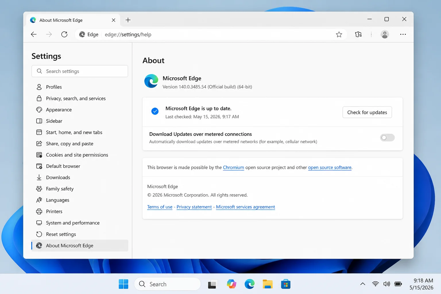 About Microsoft Edge page with the update-status area highlighted