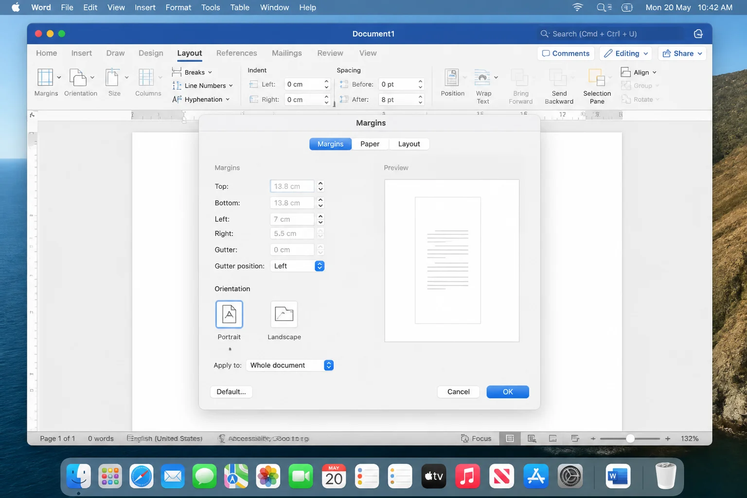 Word margin controls showing oversized margin values and the page-layout preview
