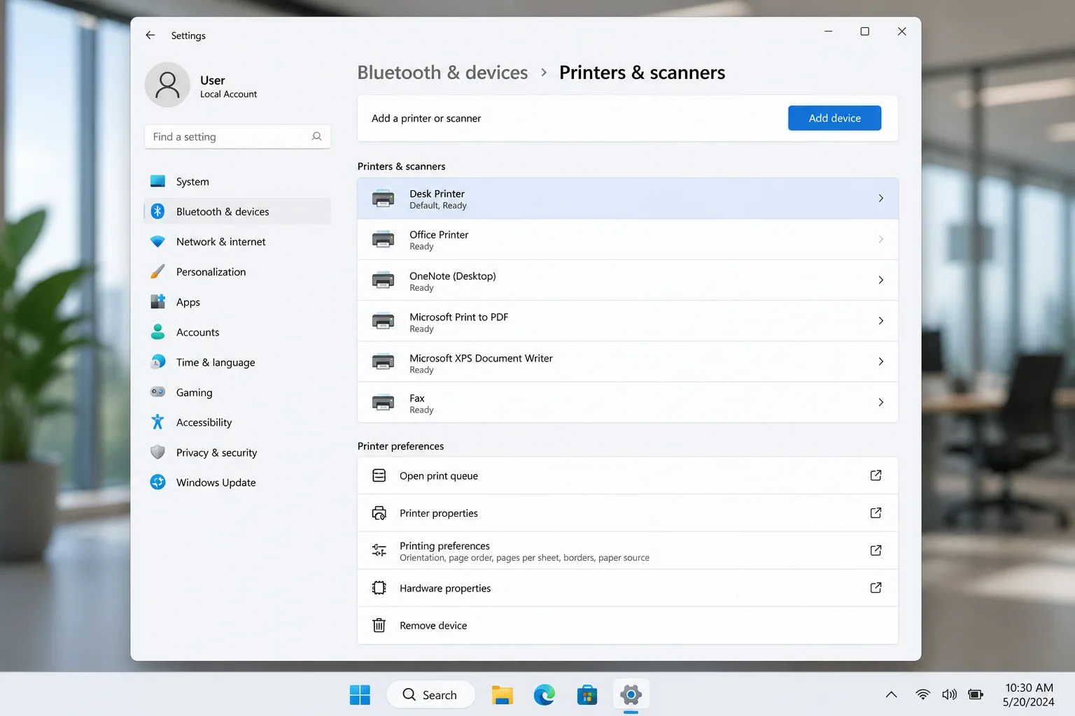Windows printer management page with the affected printer and its management controls highlighted
