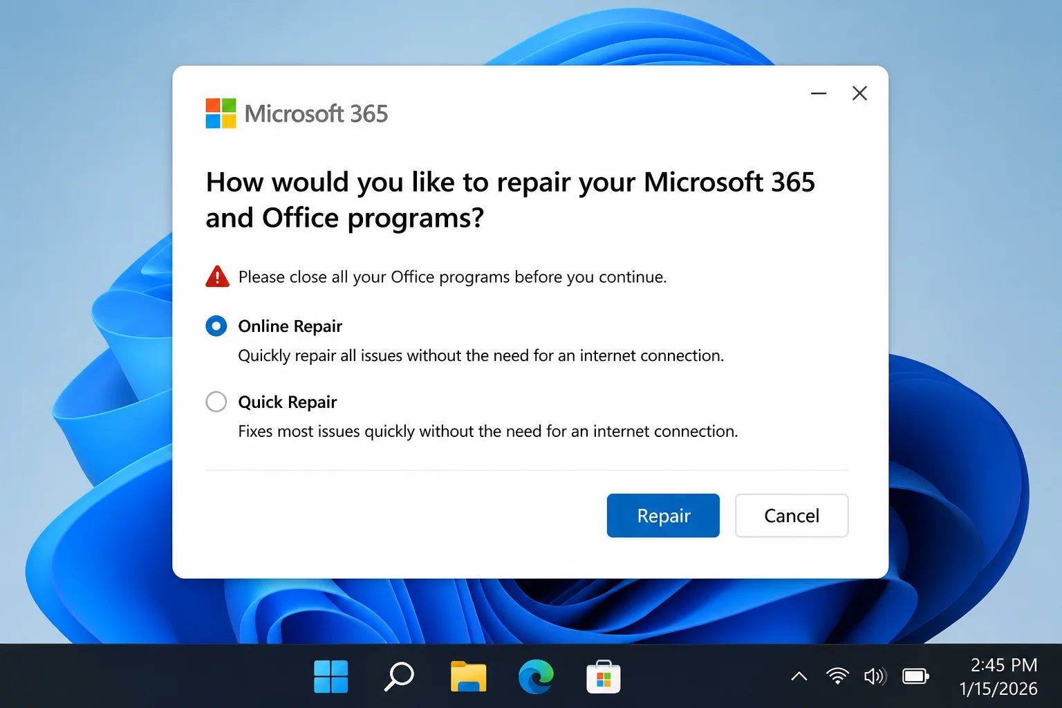 Microsoft 365 repair dialog with Online Repair highlighted and labeled as a late-stage fix