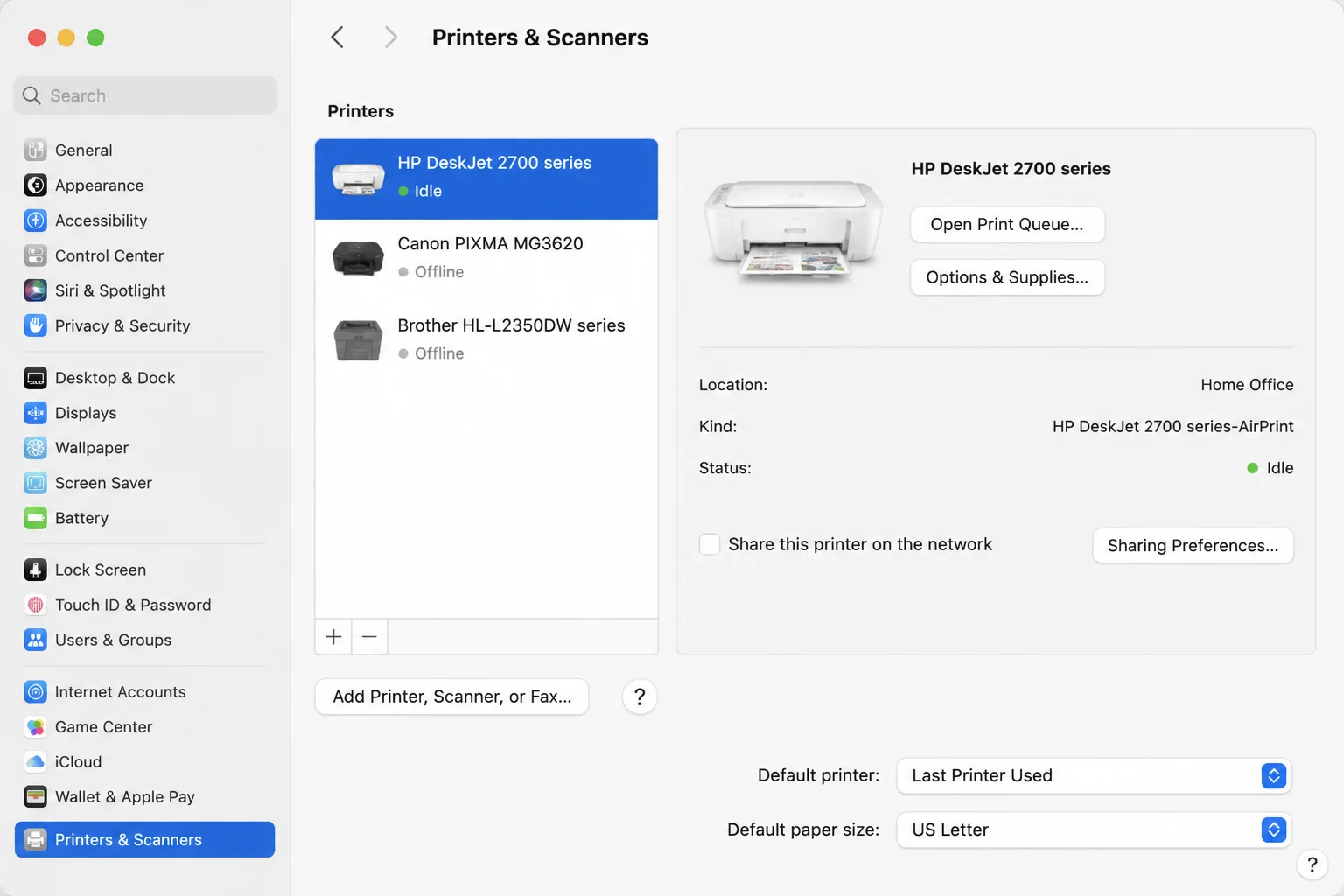 macOS Printers and Scanners settings with the affected printer selected