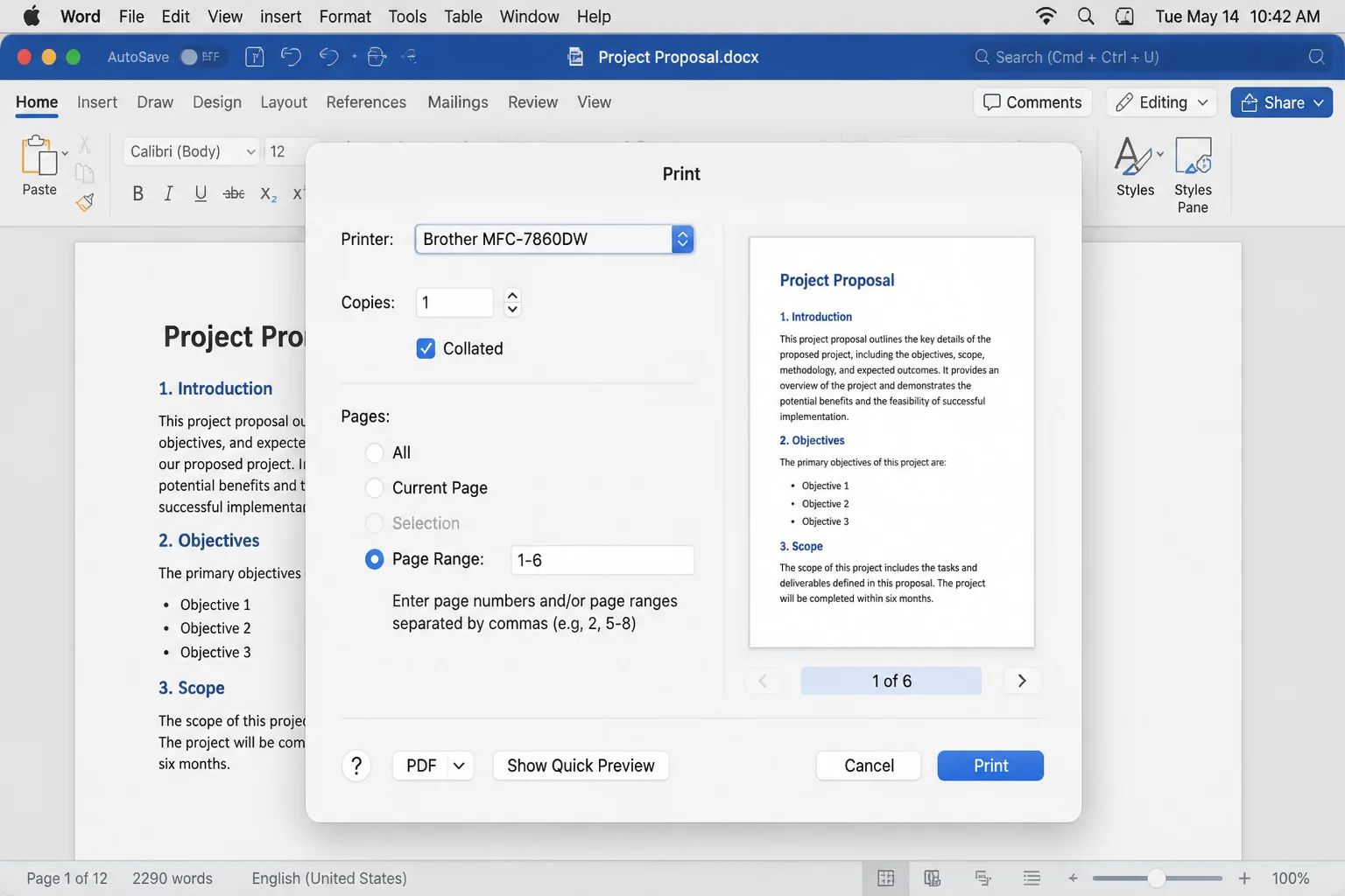 Word print dialog with the PDF-output menu and page preview highlighted