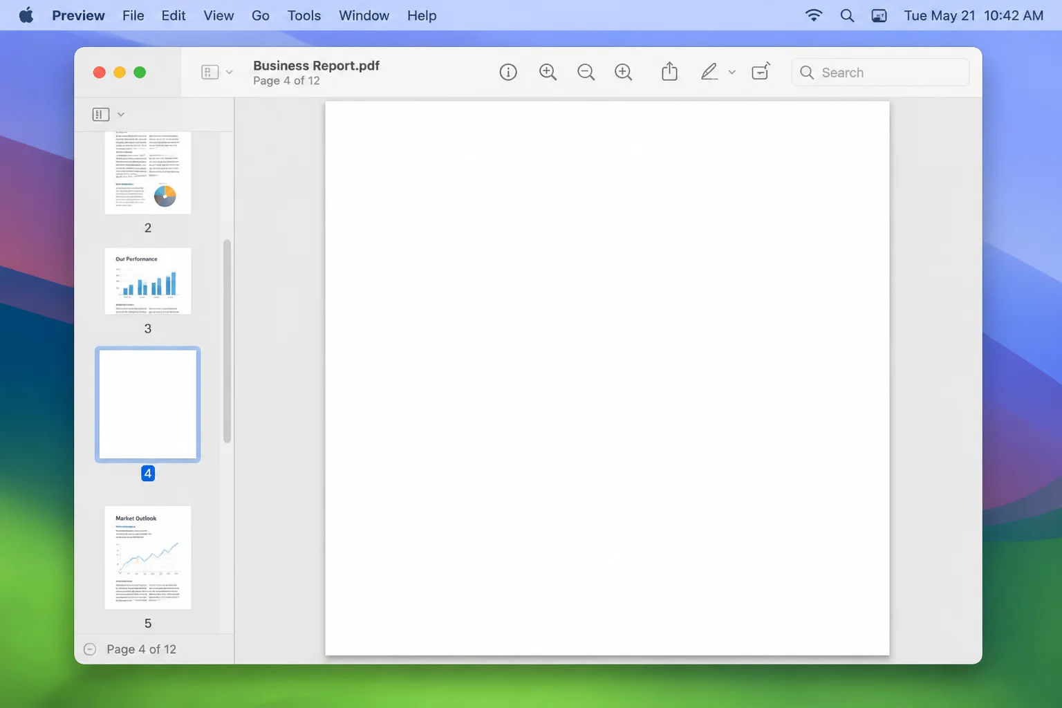 Generated PDF with the unwanted blank page selected in the thumbnail pane and the total page count visible