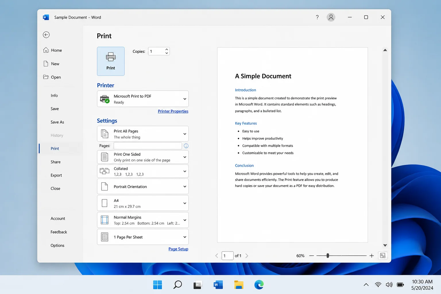 Word Print screen with Microsoft Print to PDF selected, the page preview visible, and the Print button highlighted