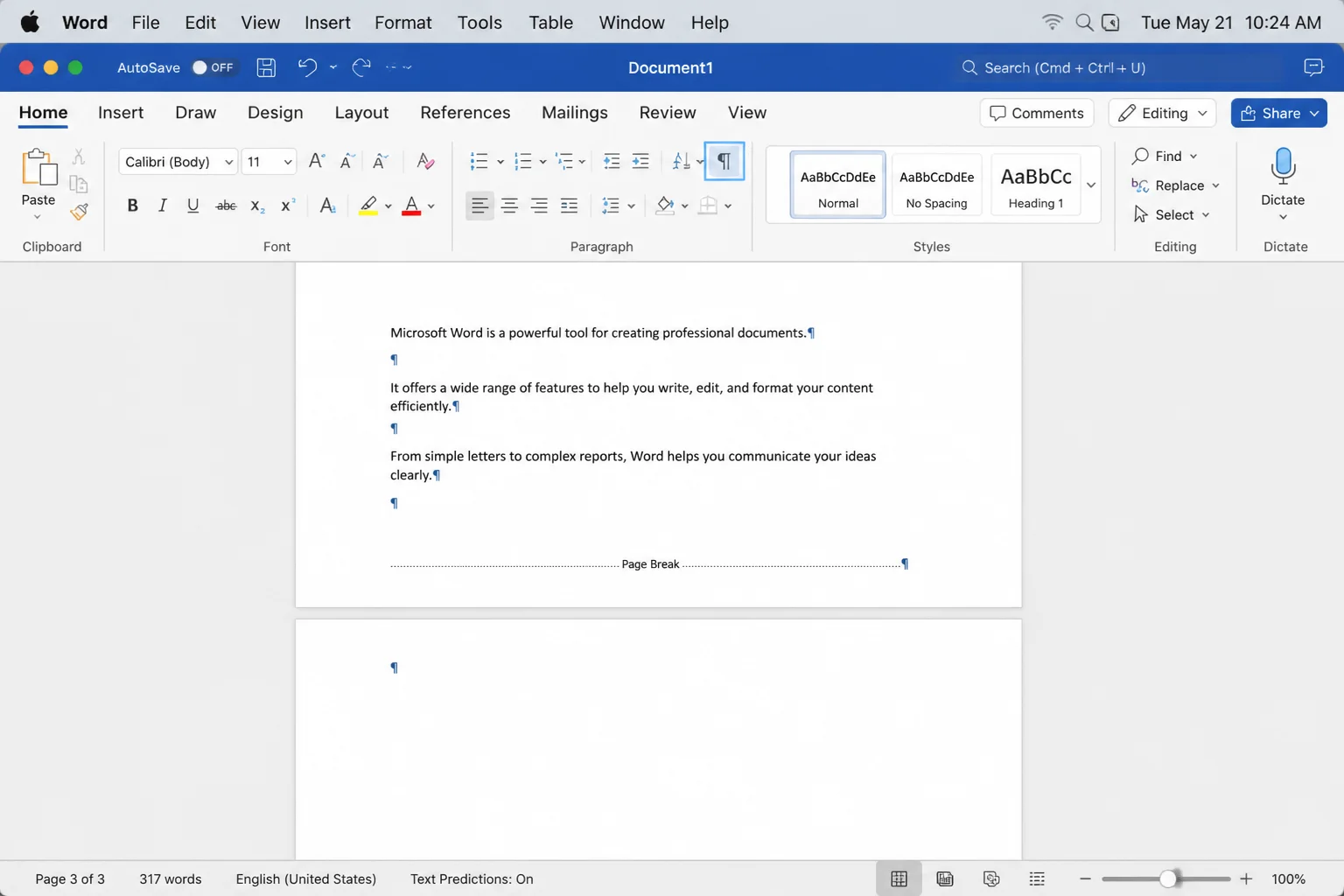 Word document with the Show Hide control highlighted and paragraph marks visible around an unwanted blank page