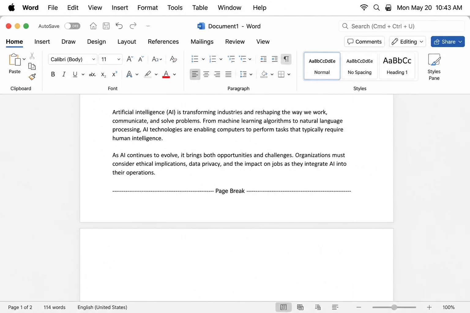 Word document with a visible manual Page Break immediately before an unexpected extra page