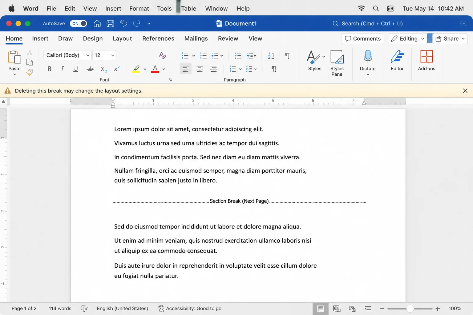 Visible Section Break near an unwanted page with a warning annotation that deleting it can alter layout settings