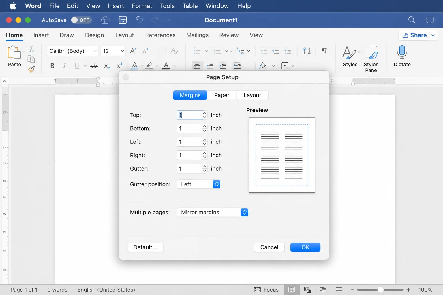 Word margin settings showing the mirror-margin control and layout preview