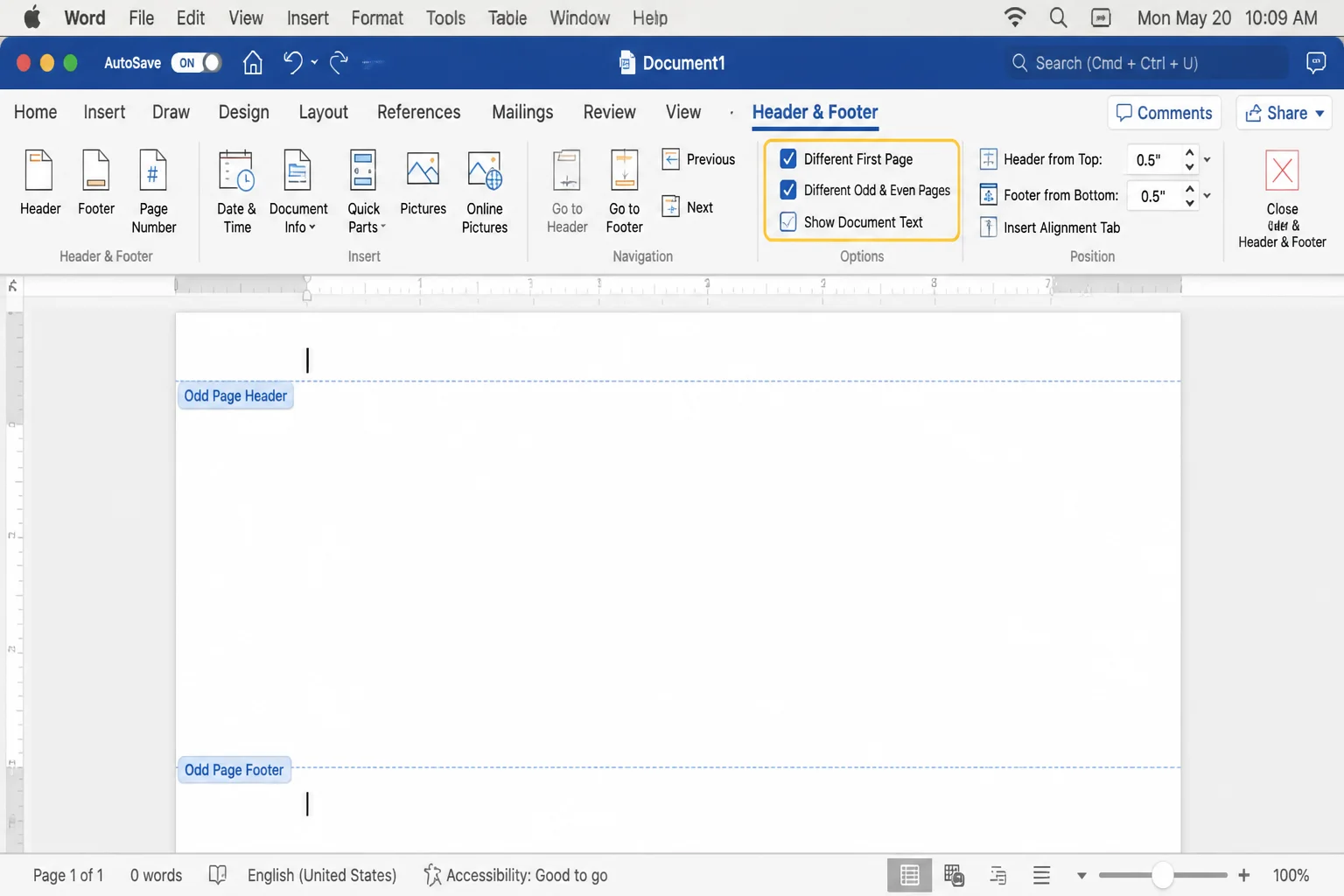 Word header and footer controls with Different Odd and Even Pages highlighted