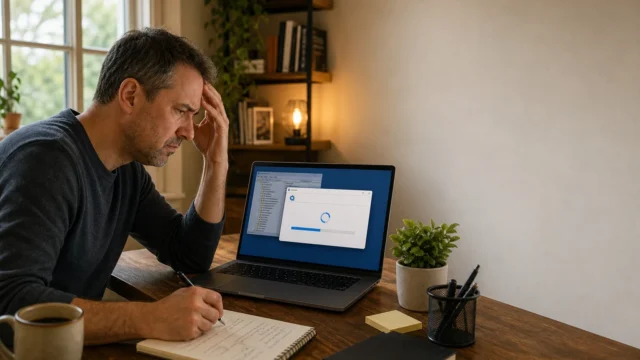 Man in a dark sweater sits at a wooden desk, hand on forehead, writing in a notebook as his laptop shows a loading screen.