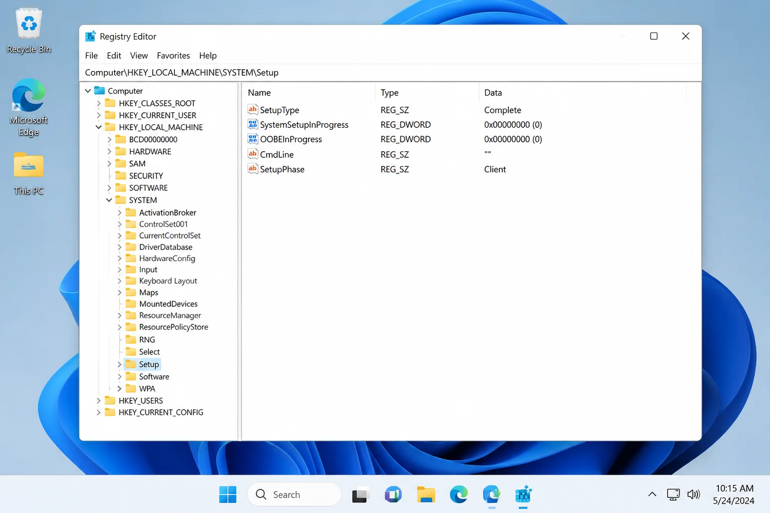 Registry Editor open to HKEY_LOCAL_MACHINE\SYSTEM\Setup, with SetupType, SystemSetupInProgress, OOBEInProgress, CmdLine, and SetupPhase visible in the right pane