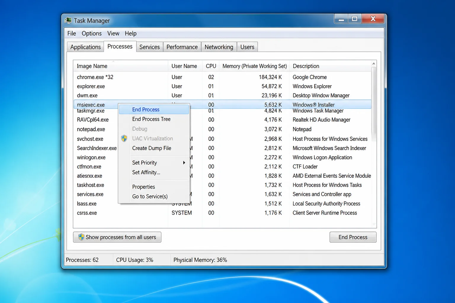 Windows 7 Task Manager Processes tab showing msiexec.exe with 0% CPU usage, right-click context menu open with End Process highlighted