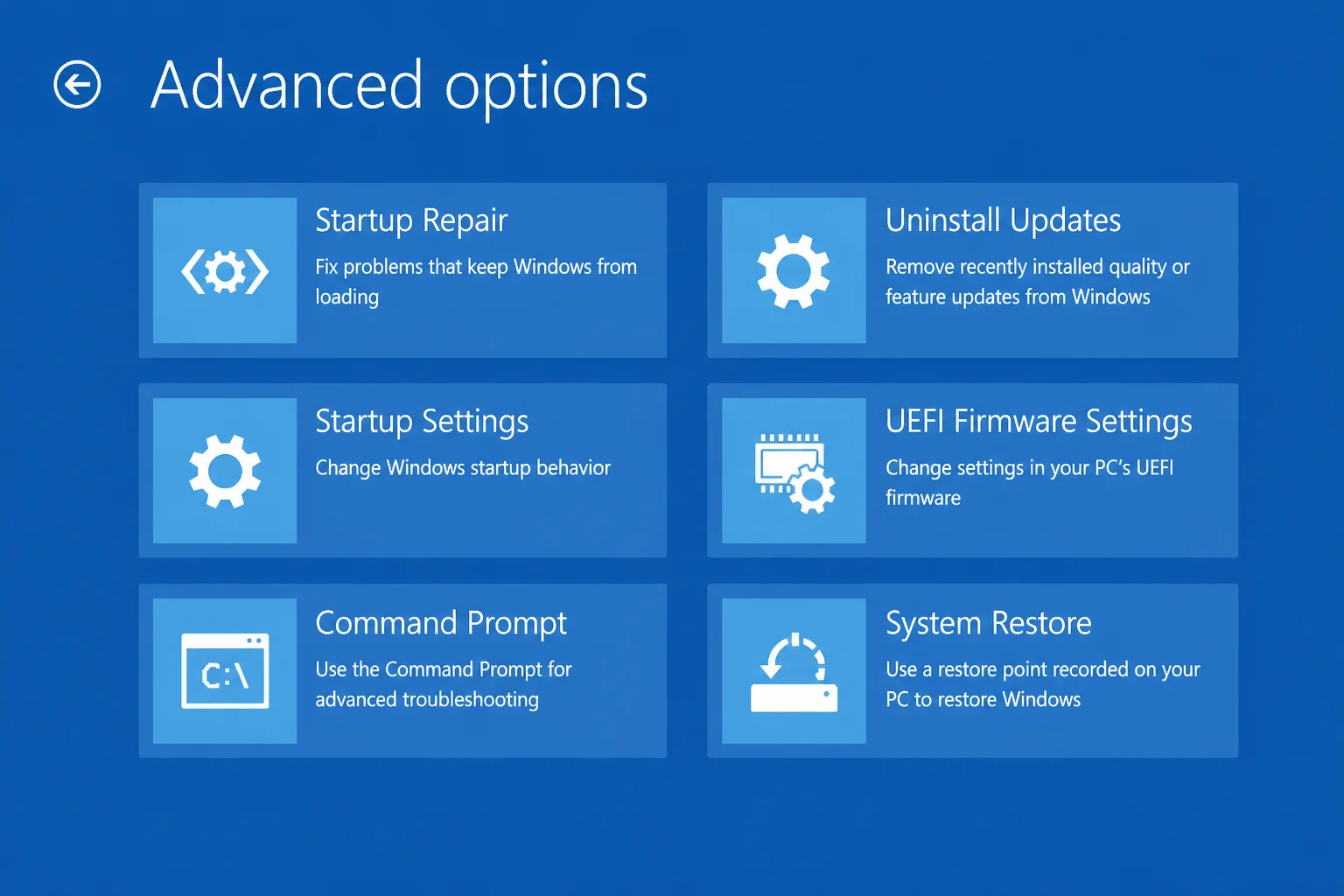 Windows 11 WinRE "Advanced options" screen showing Startup Repair, Startup Settings, Uninstall Updates, System Restore, and other recovery options as clickable tiles