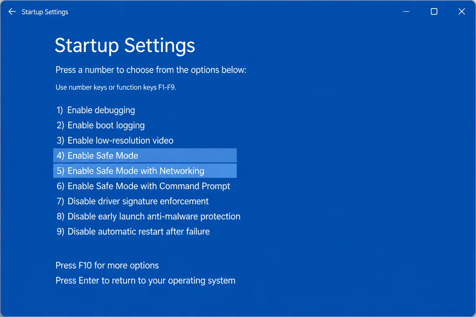 Windows 11 Startup Settings screen showing numbered boot options including "4) Enable Safe Mode" and "5) Enable Safe Mode with Networking"