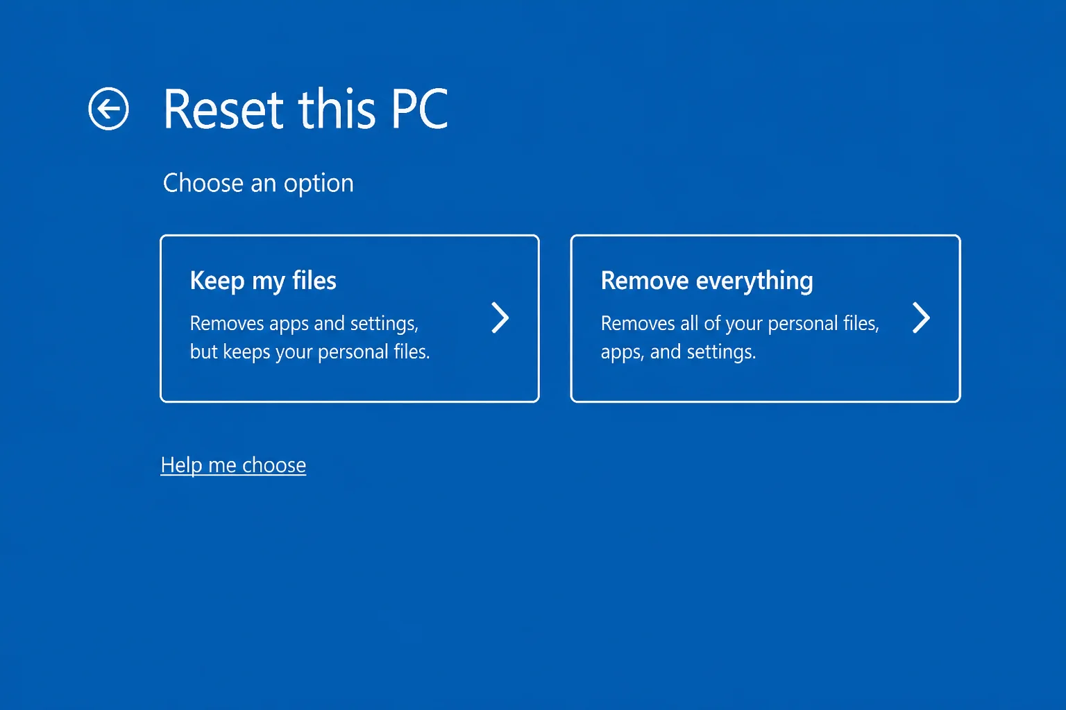 Windows 11 WinRE "Reset this PC" screen showing two options side by side: "Keep my files" and "Remove everything"