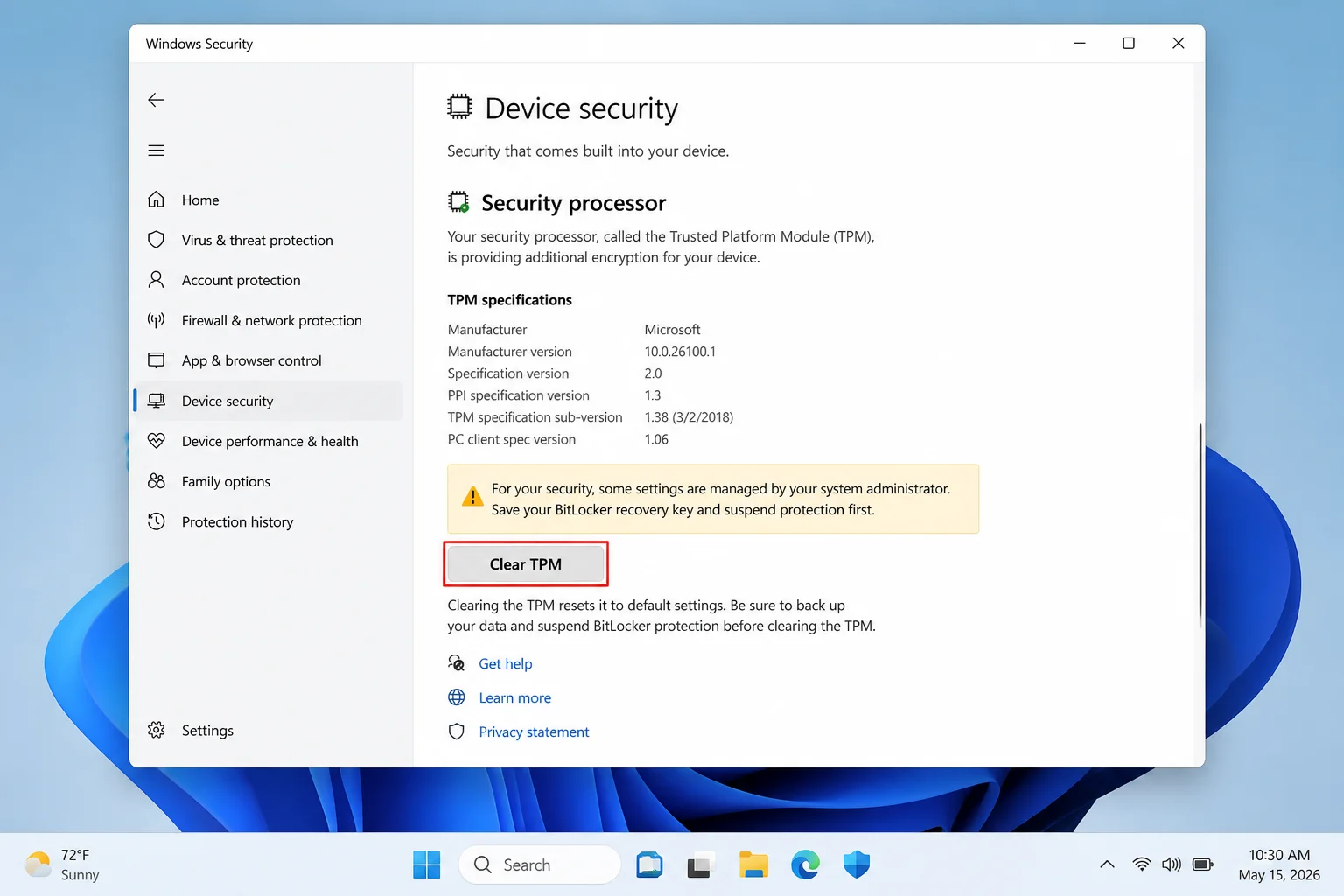 Security processor troubleshooting page with Clear TPM highlighted and a warning to save the BitLocker recovery key and suspend protection first