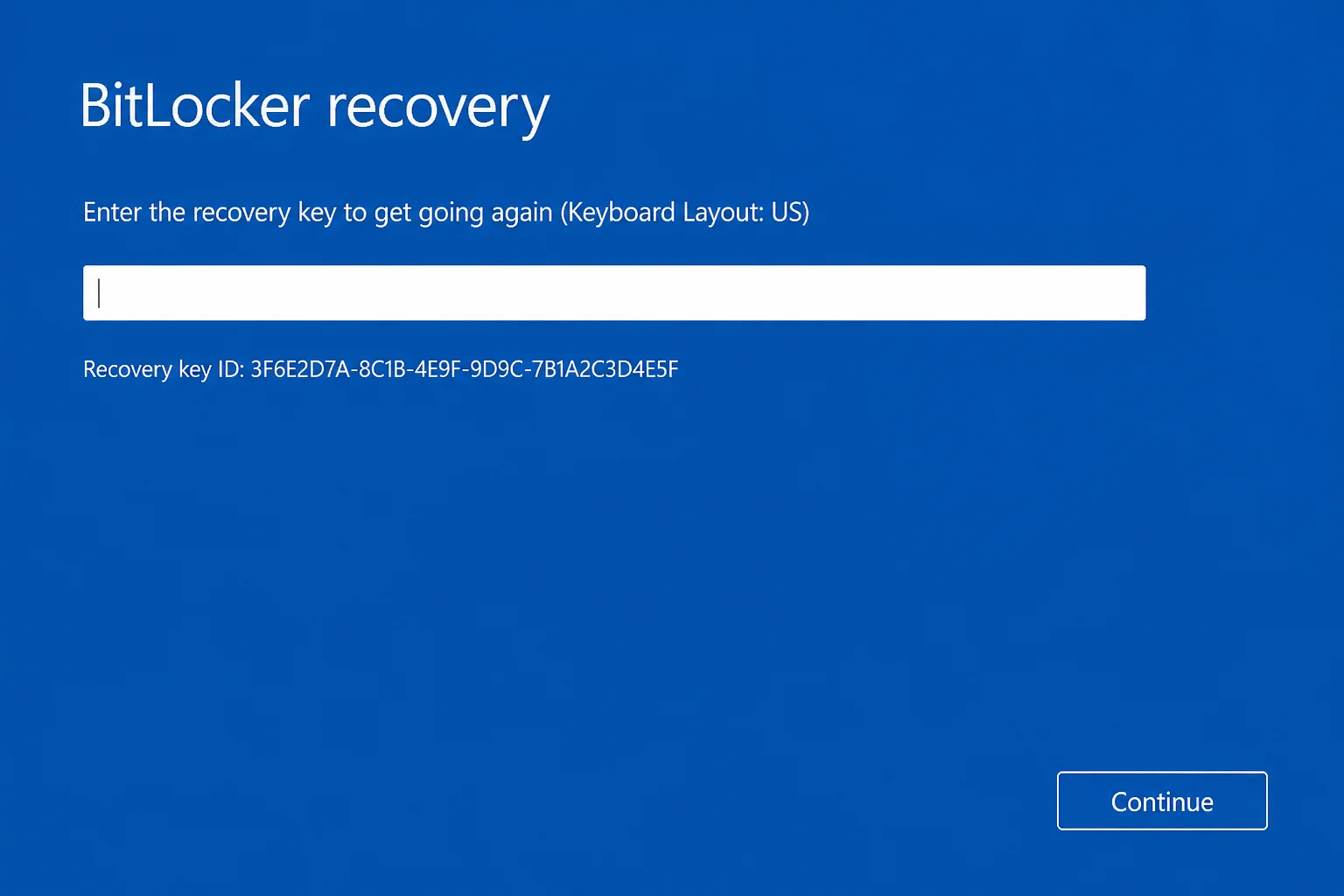 BitLocker recovery screen with the key entry field highlighted