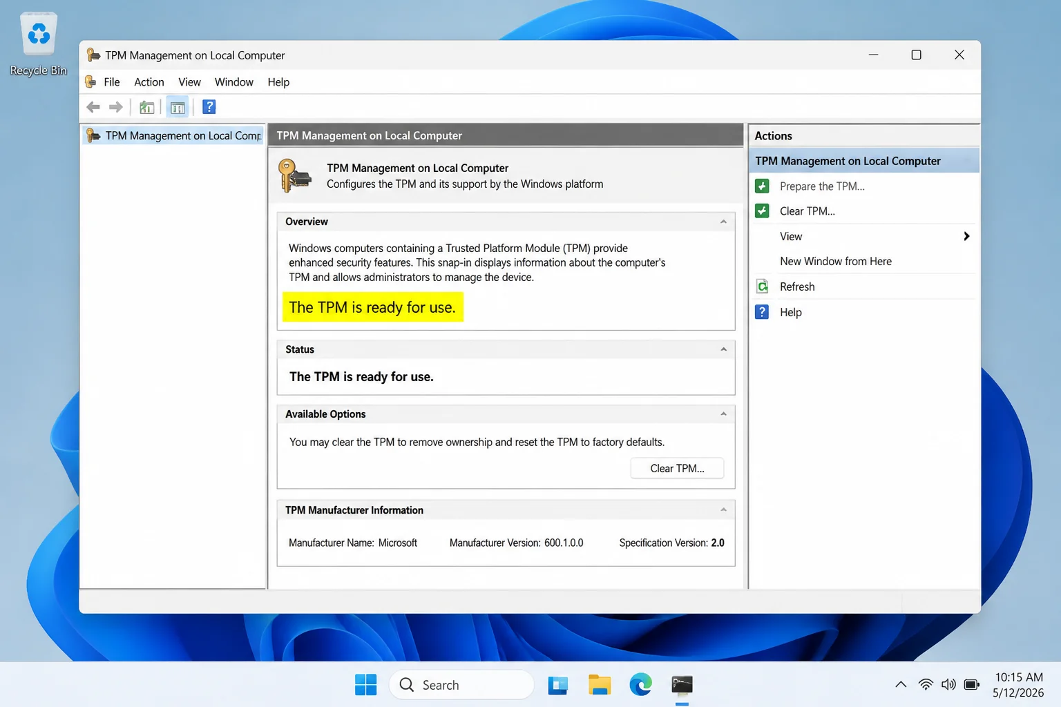 TPM Management on Local Computer showing “The TPM is ready for use” and Specification Version 2.0 highlighted