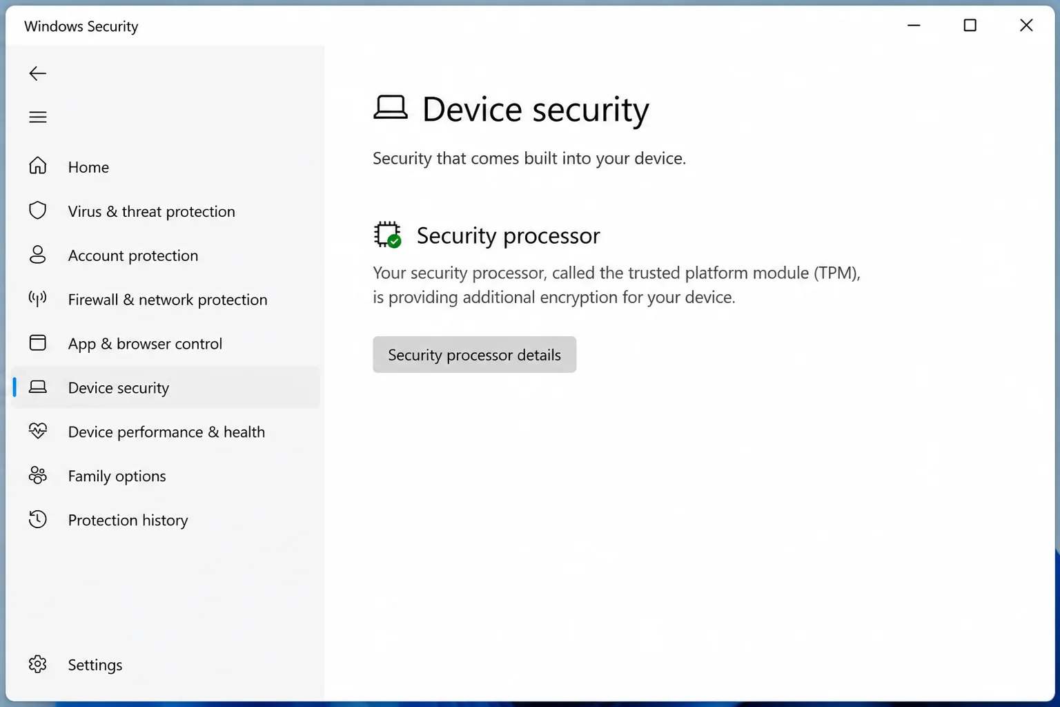 Device security page with Security processor and Security processor details highlighted