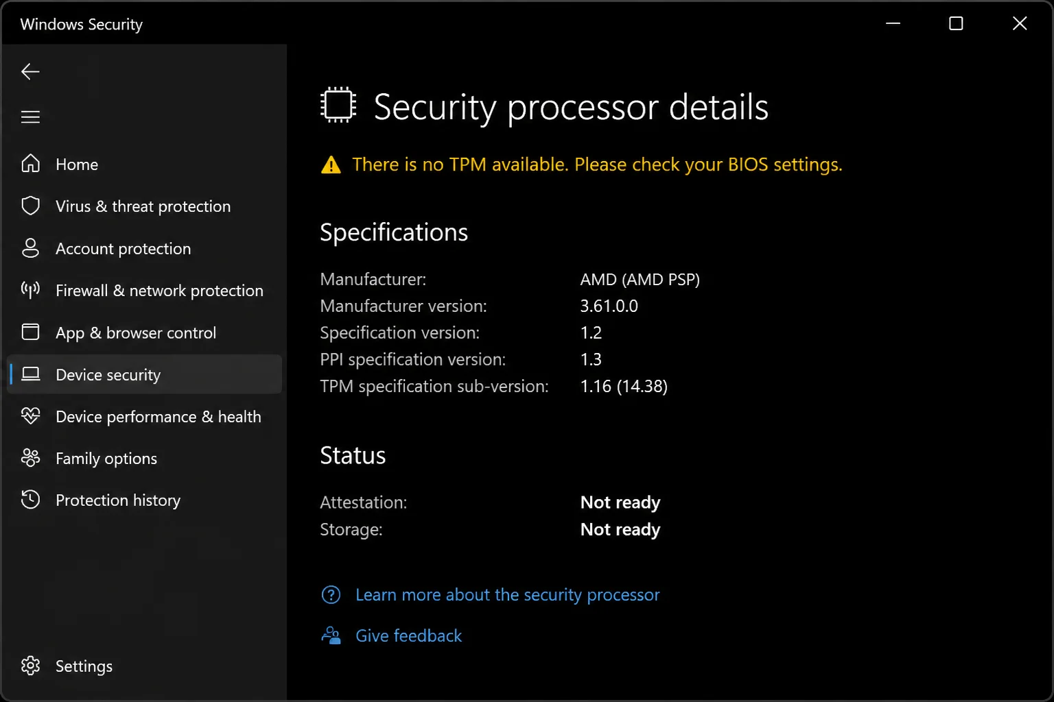Security processor details page with TPM status plus Storage and Attestation fields highlighted without assuming both report ready