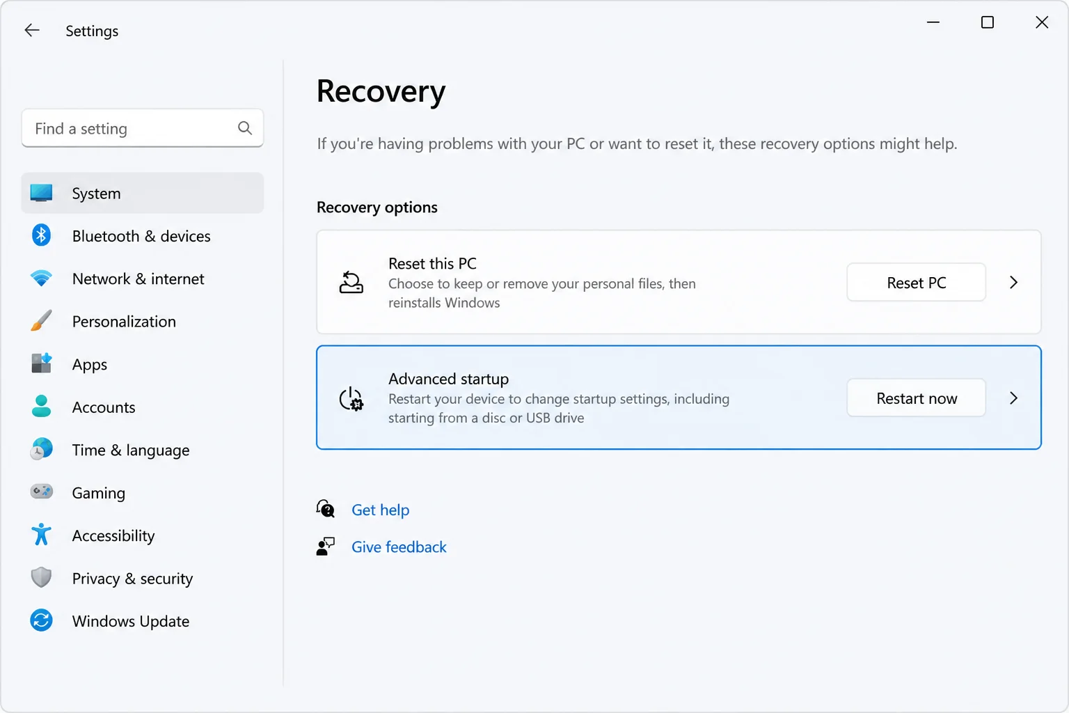 Windows 11 Recovery settings with Advanced startup and Restart now highlighted