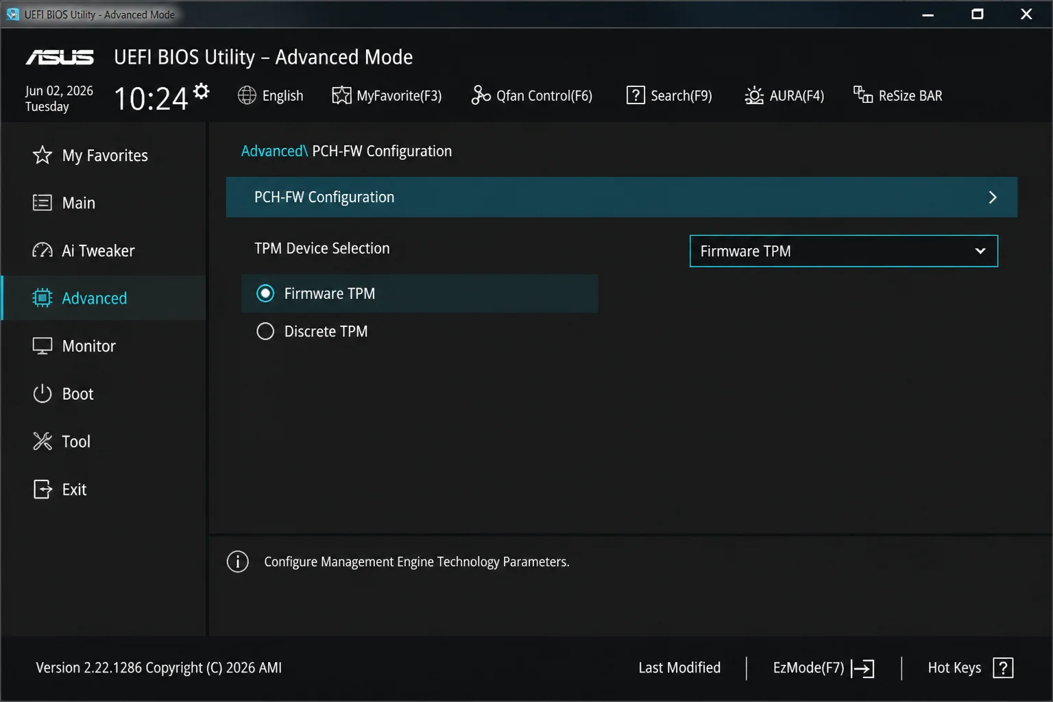 Representative UEFI security page with the applicable TPM State, Security Device Support, Intel PTT, AMD fTPM, or AMD PSP fTPM option and Enabled state highlighted