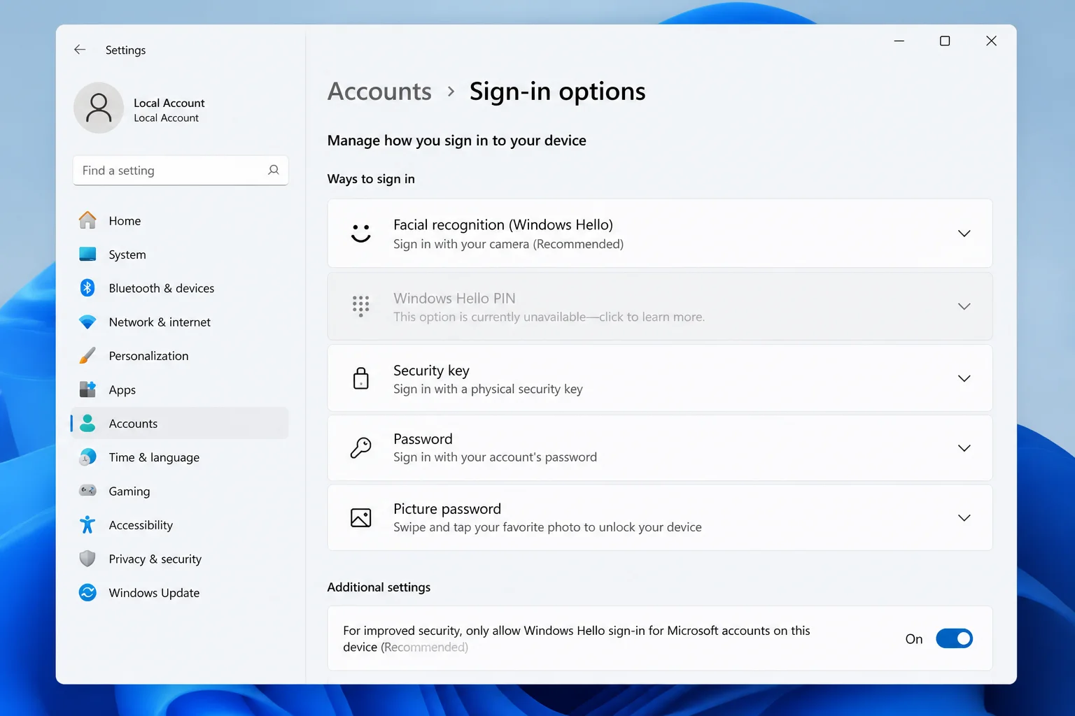 Windows 11 Sign-in options showing the affected Windows Hello method and the available reset, remove, or setup control