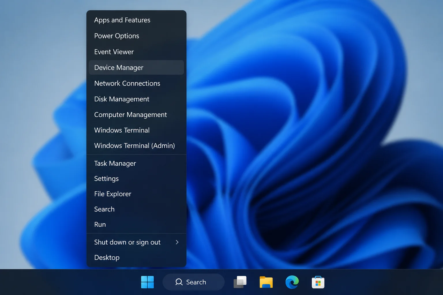 Windows 11 Start context menu with Device Manager selected