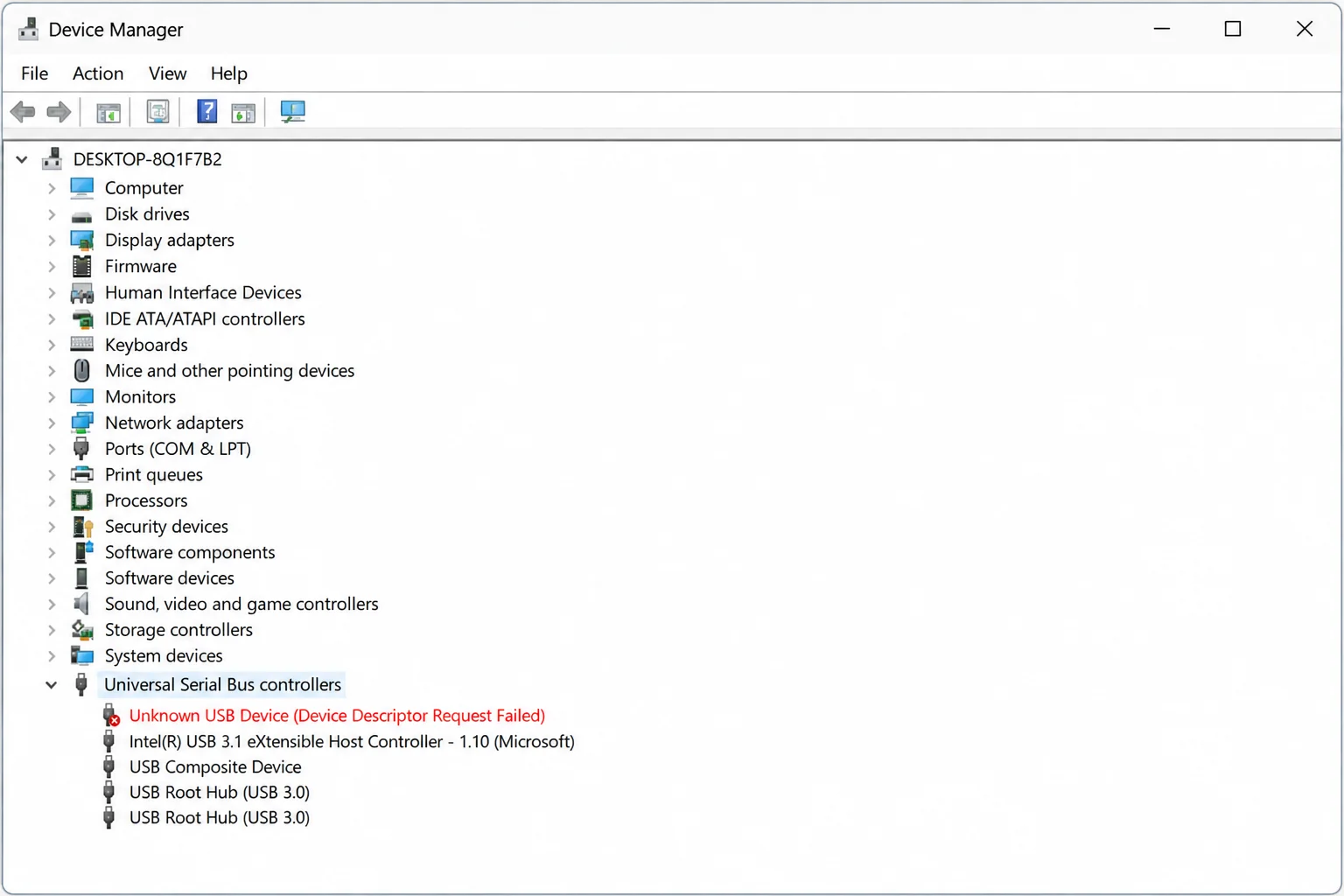 Device Manager with Universal Serial Bus controllers expanded and an affected or Unknown USB Device entry highlighted