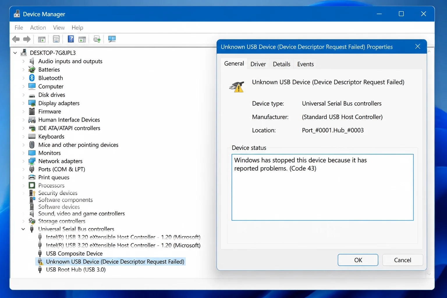 USB device Properties General tab with Device status and its displayed error code highlighted