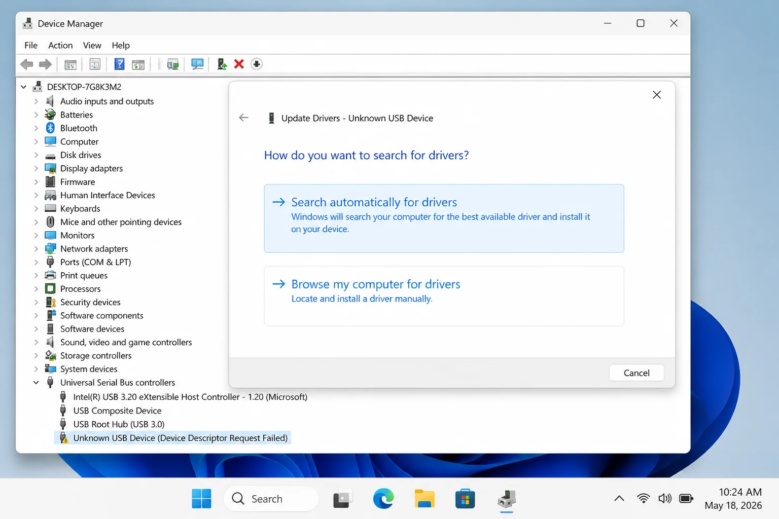 Update Drivers dialog with Search automatically for drivers highlighted
