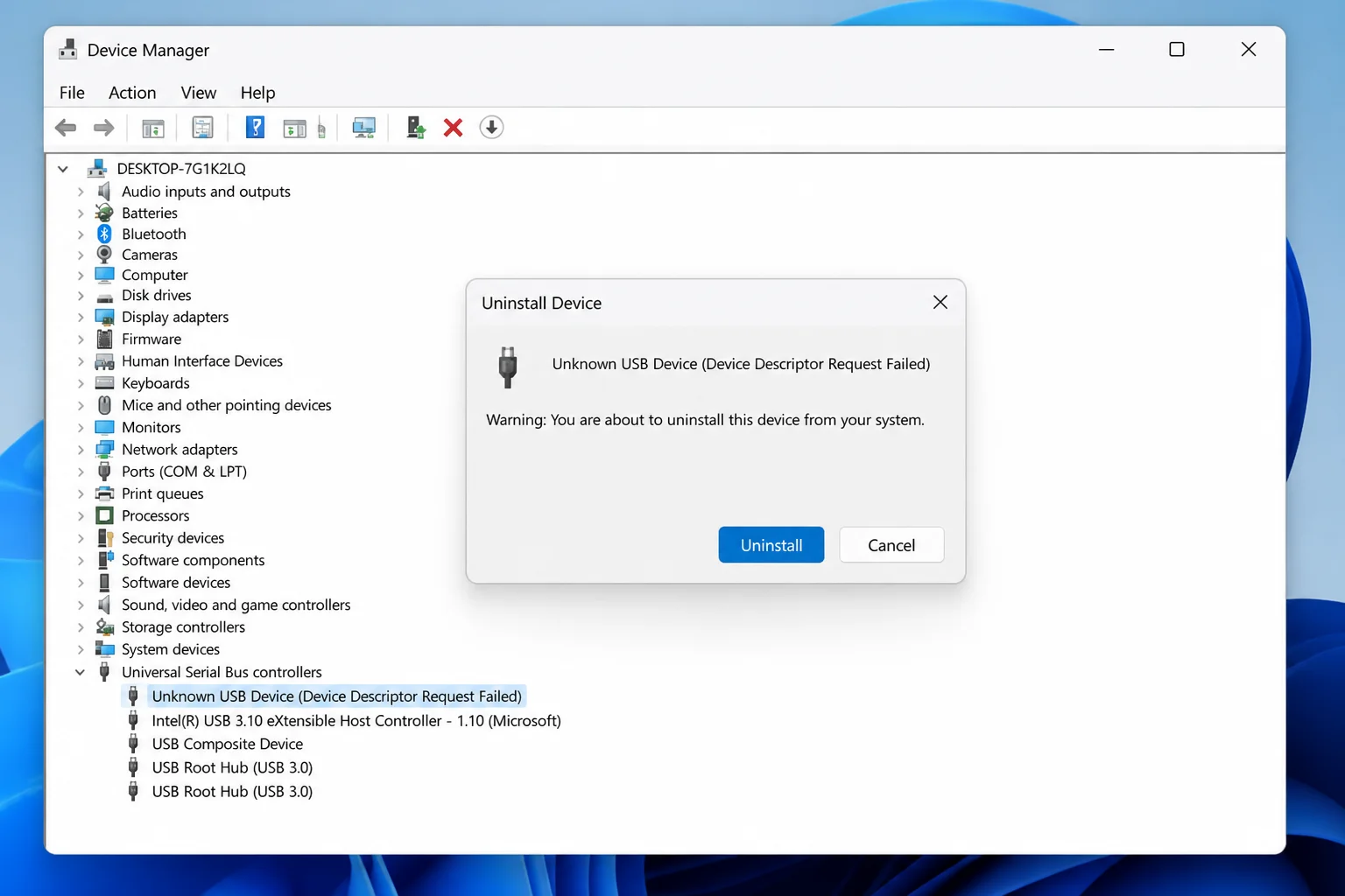 Uninstall Device confirmation dialog with Uninstall highlighted and a note to restart afterward