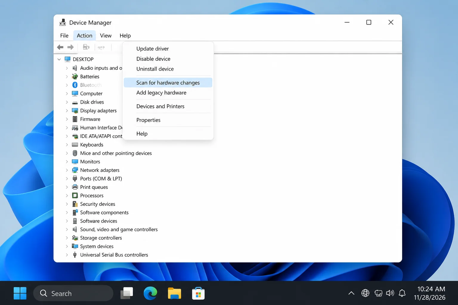 Device Manager Action menu with Scan for hardware changes highlighted