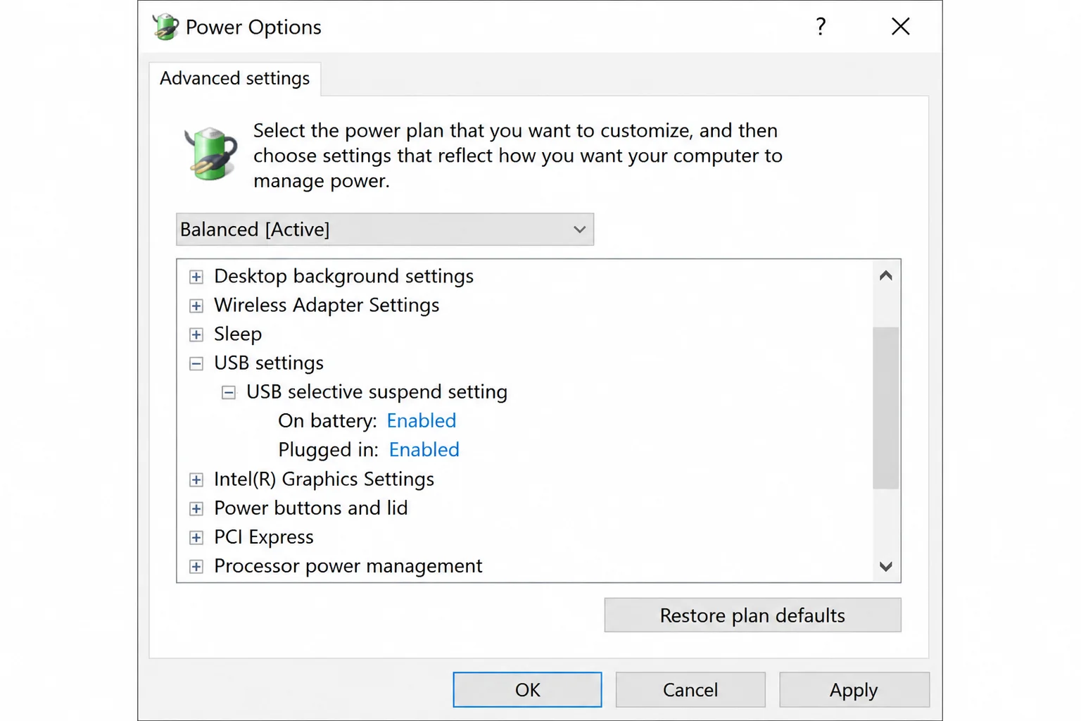Advanced Power Options with USB settings and USB selective suspend setting expanded, showing On battery and Plugged in controls