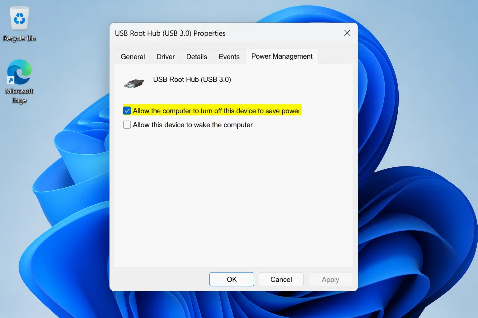 USB Root Hub Properties Power Management tab with Allow the computer to turn off this device to save power highlighted