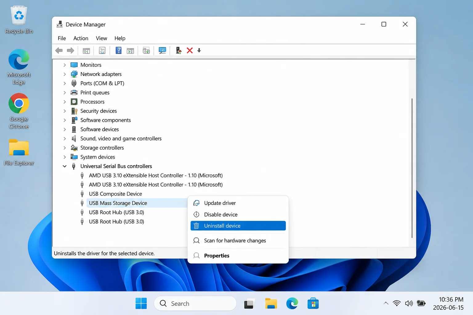 USB controller context menu with Uninstall device highlighted and a warning that connected USB devices may stop temporarily