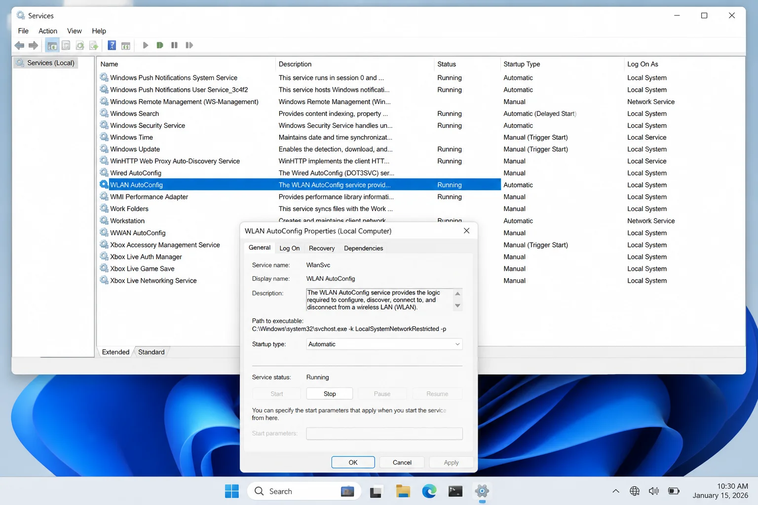 WLAN AutoConfig properties showing Automatic startup type and the service status controls