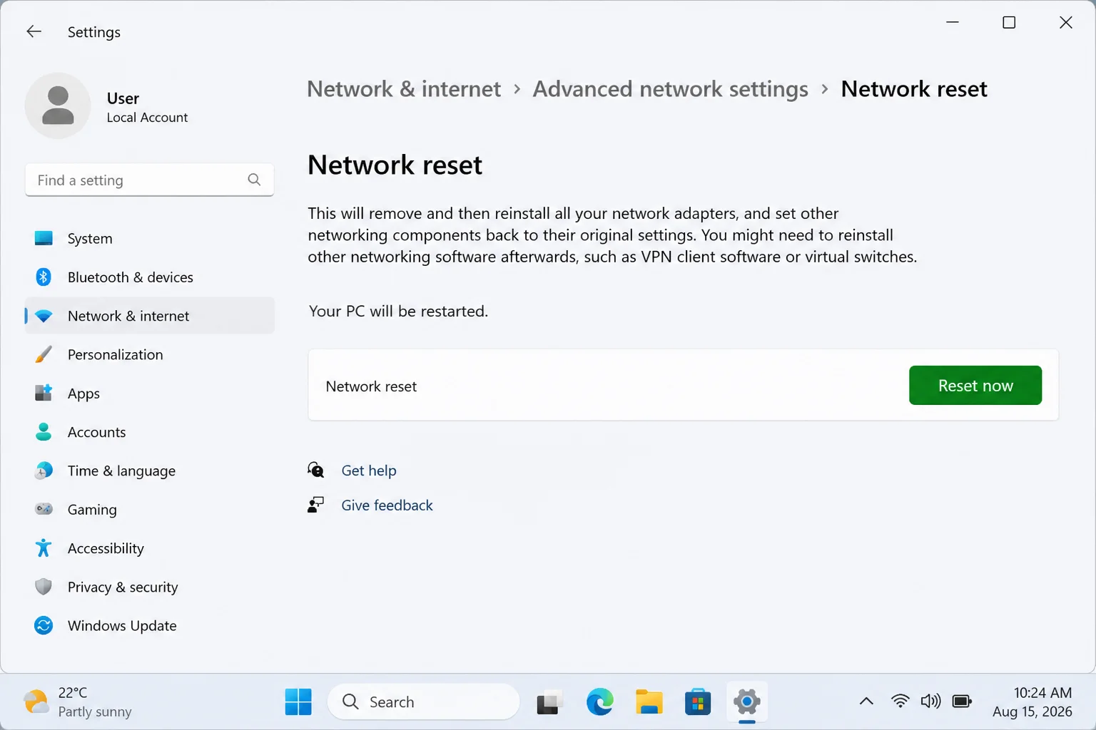 Windows 11 Network reset page with Reset now and the adapter removal warning highlighted and labeled as a last-resort fix