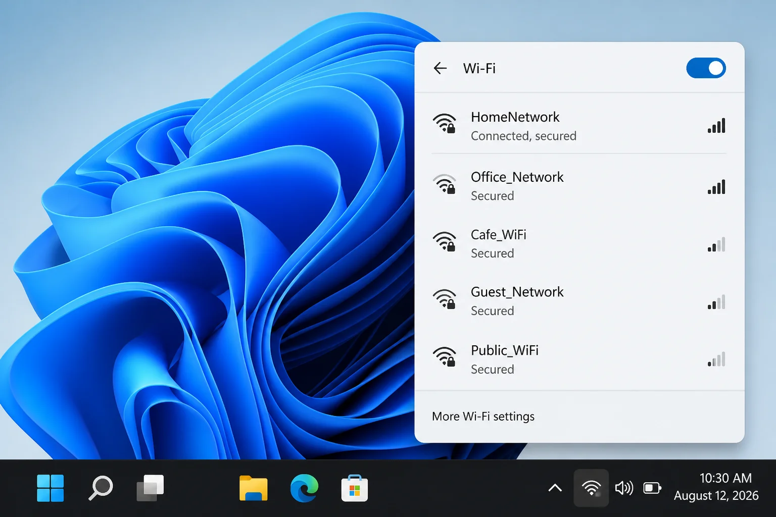 Taskbar network panel showing the Wi-Fi control, available-network button, and nearby wireless networks