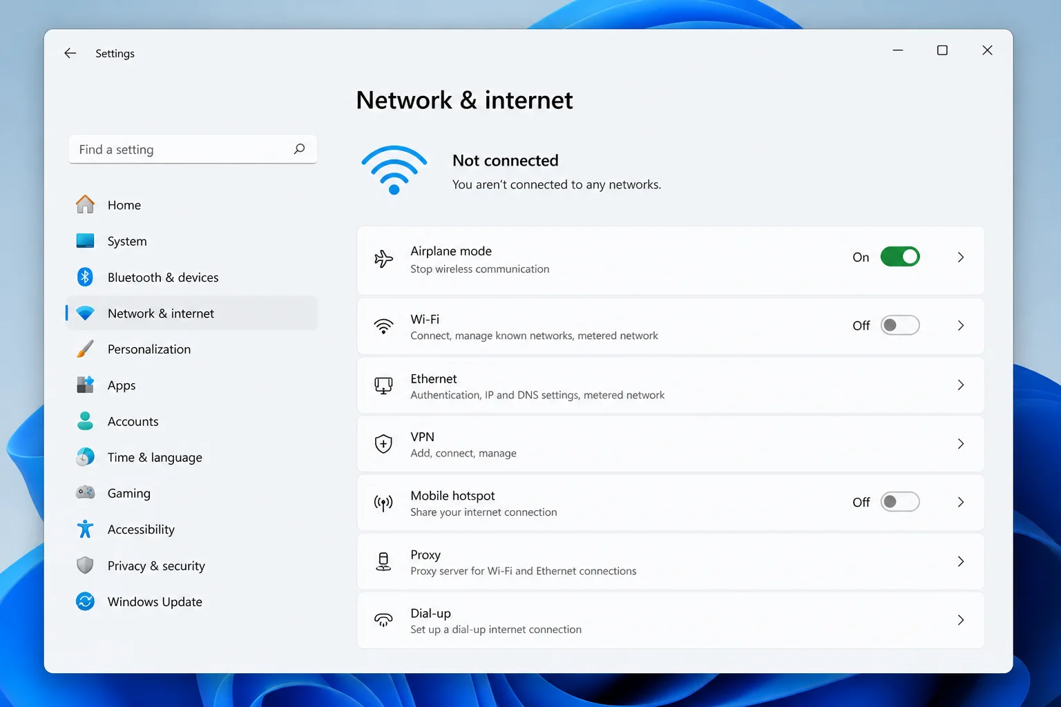 Windows 11 Airplane mode settings with the main Airplane mode control highlighted