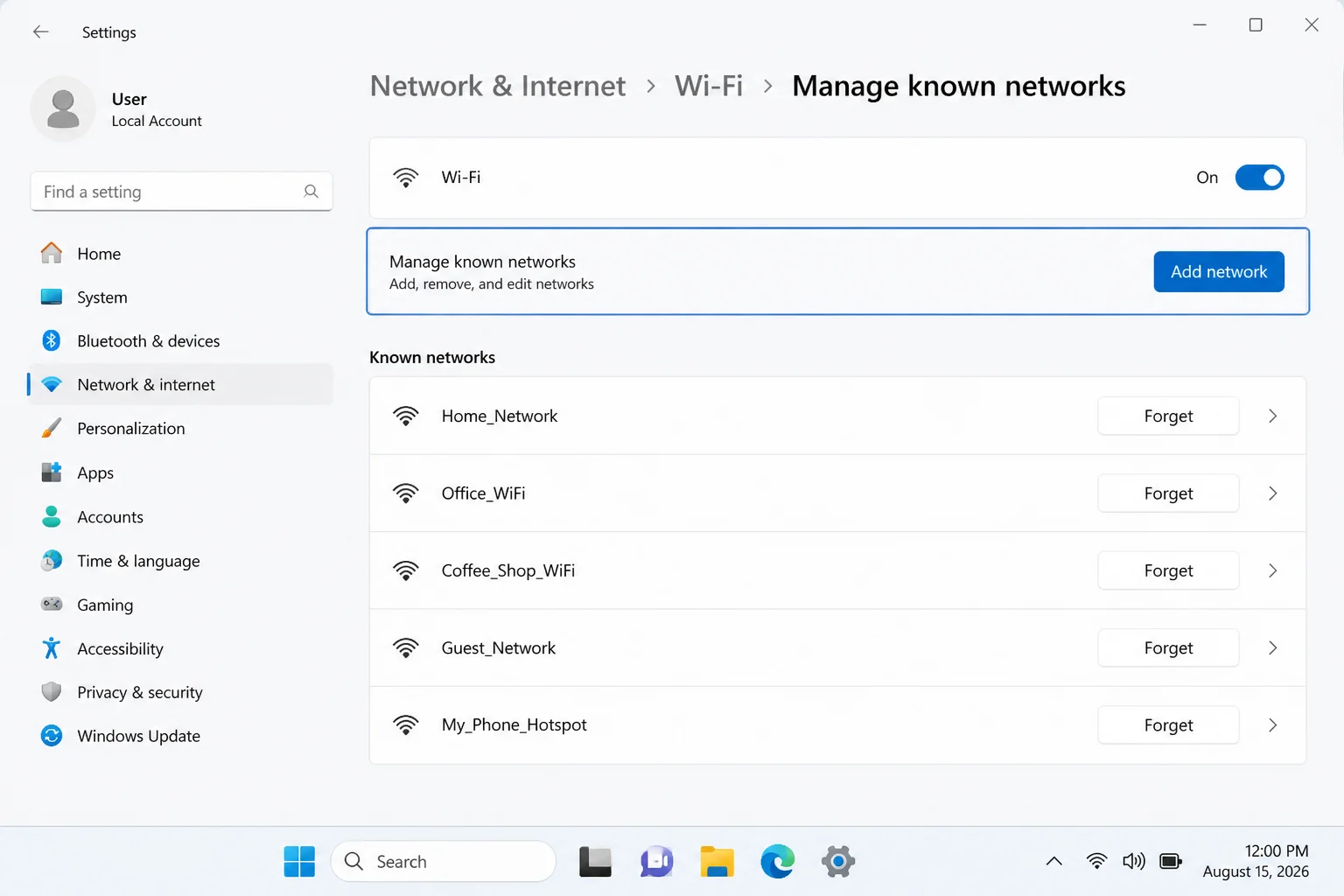 Windows 11 Wi-Fi settings page with the Wi-Fi switch and Manage known networks highlighted