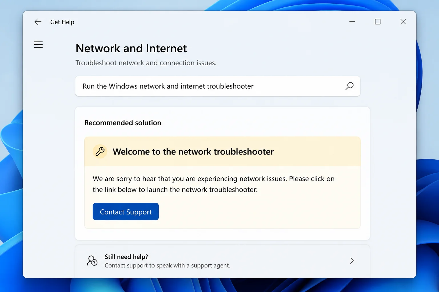 Get Help interface showing the Network and Internet troubleshooting result and the control that starts guided diagnostics