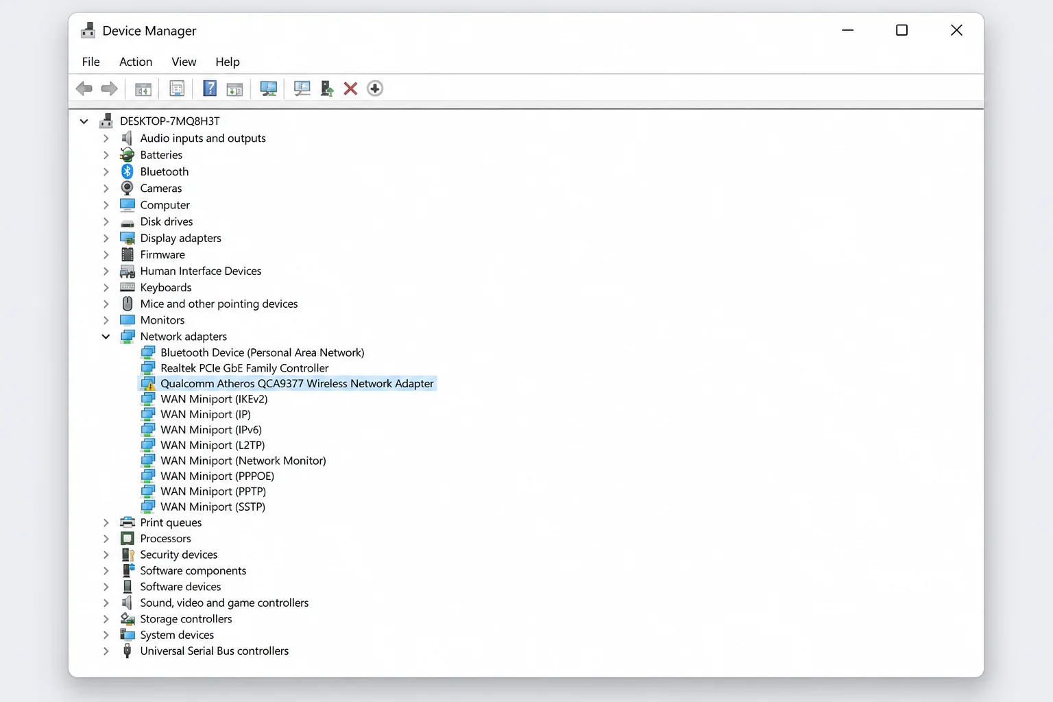Device Manager with Network adapters expanded, the wireless adapter highlighted, and examples of down-arrow and warning icons identified