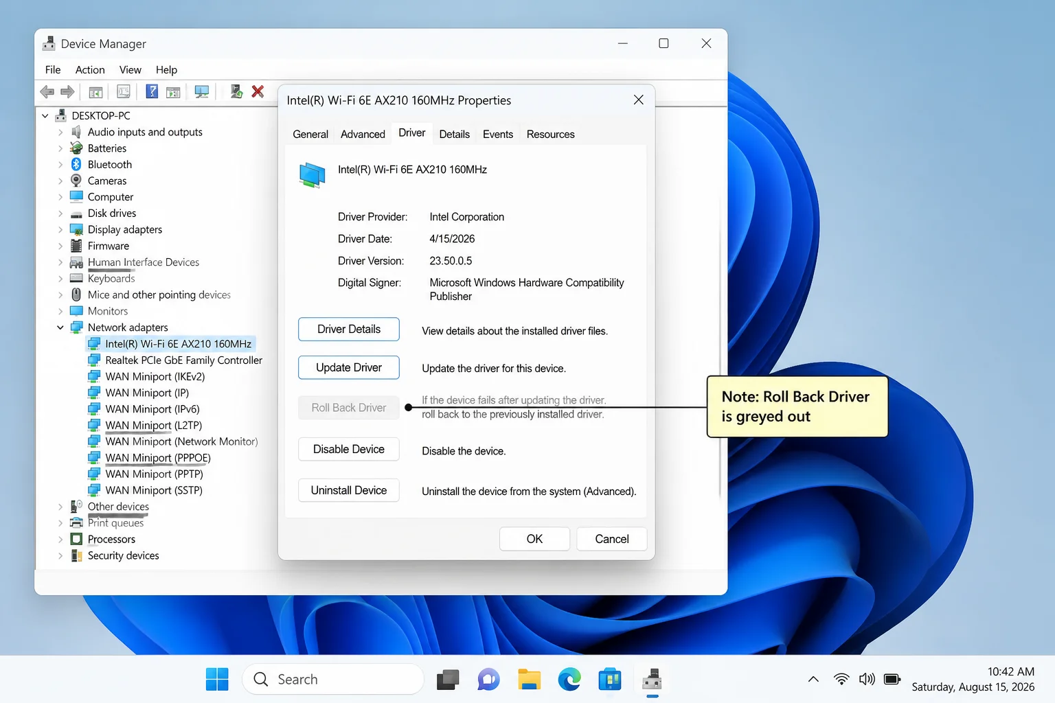 Wi-Fi adapter Driver tab with Update Driver and Roll Back Driver highlighted and a note that rollback may be unavailable